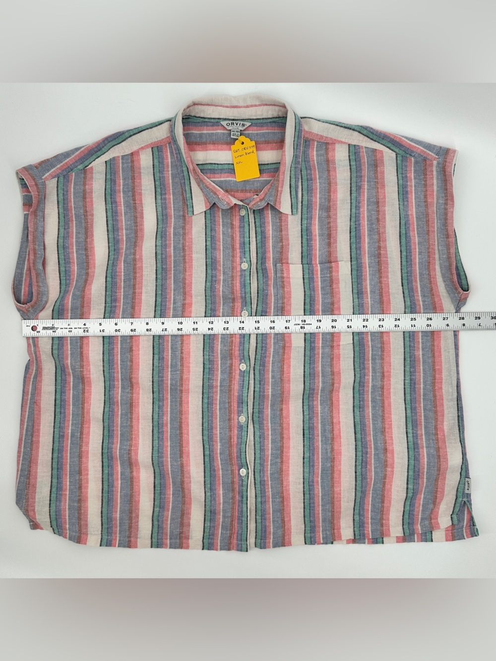 Orvis Linen Blend Striped Button Front Top XXL Pink Blue Dolman Sleeve Coastal - Picture 9 of 10